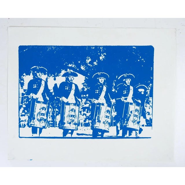 Vintage 1990's royal blue serigraph on paper print of colonial era dress drum corps. Unsigned. Unframed, image size 11.25"...
