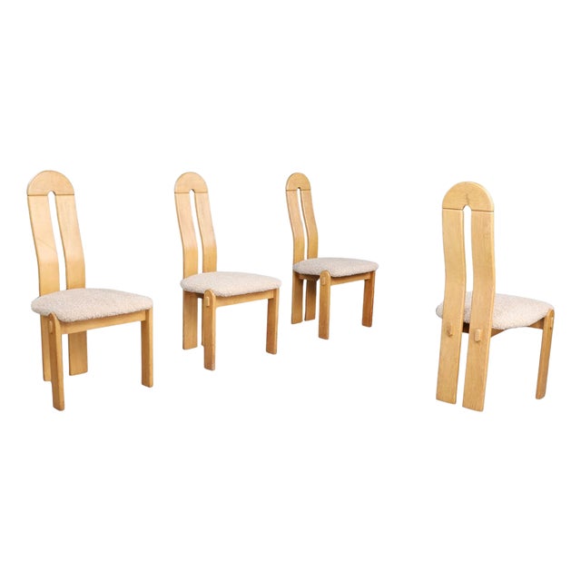 Modern Scandinavian High Back Oak Dining Chairs with Teddy Upholstery, 1970s, Set of 4 For Sale