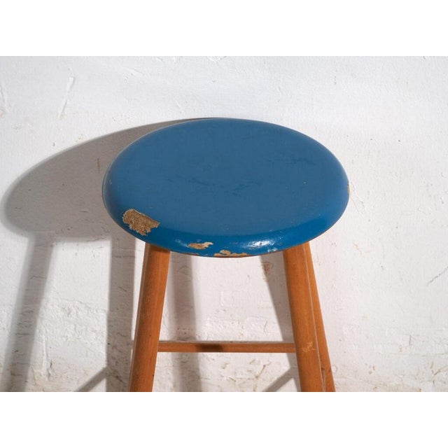 Vintage Wooden Stool with Round Seat, Central Europe, 1950 For Sale - Image 4 of 7