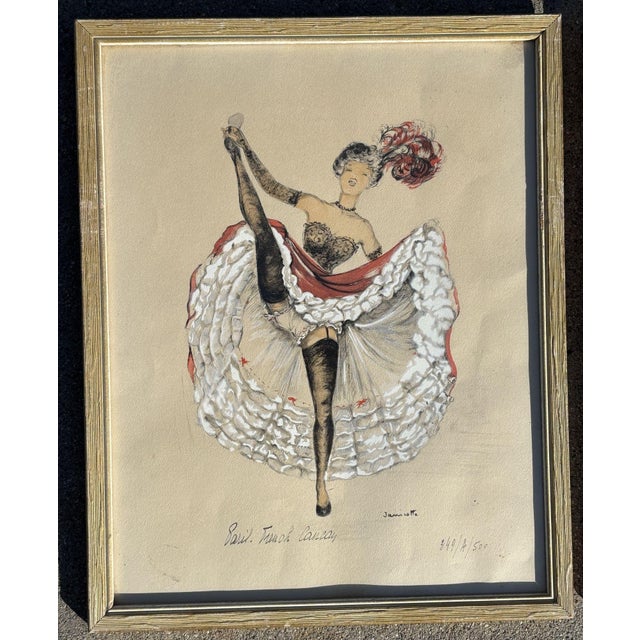 1950s Pair of Original French Cabaret CanCan Dancers Watercolor Paintings by Janicotte For Sale - Image 4 of 8