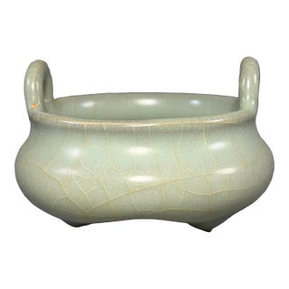 Antique Chinese Official‑Style Celadon Tripod Censer With Loop Handles For Sale