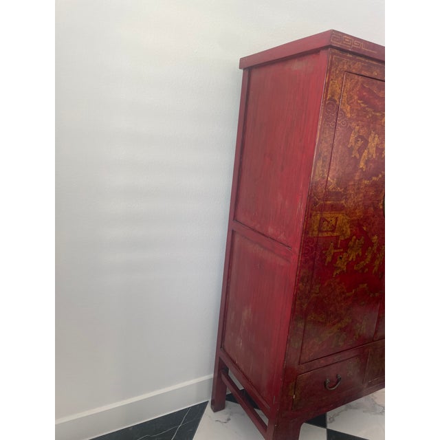 Wood Antique Chinese Red Lacquer Wedding Cabinet With Gilt "Hundred Boys" Motif For Sale - Image 7 of 12