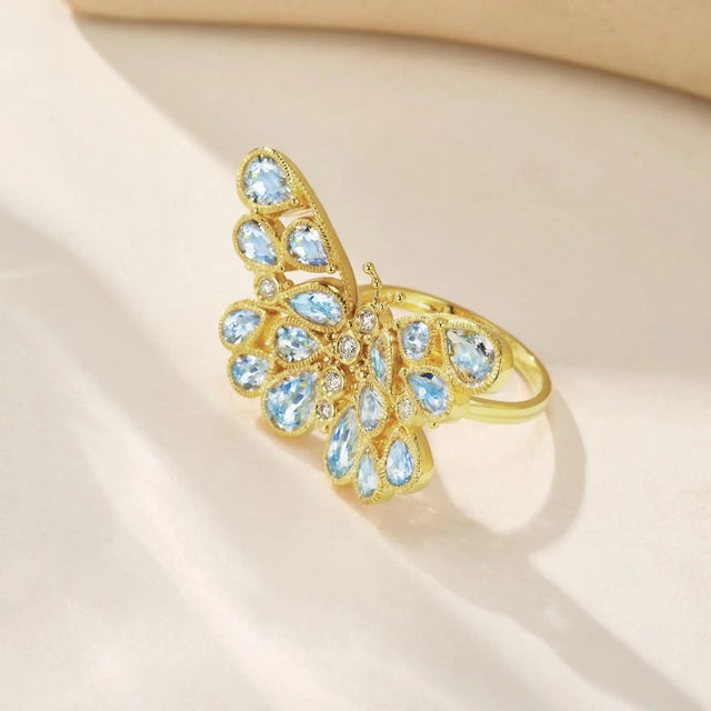 Not Yet Made - Made To Order Nina Zhou Butterfly Aquamarine Diamond Cocktail Ring in 14k Yellow Gold, size 9.5 For Sale - Image 5 of 11