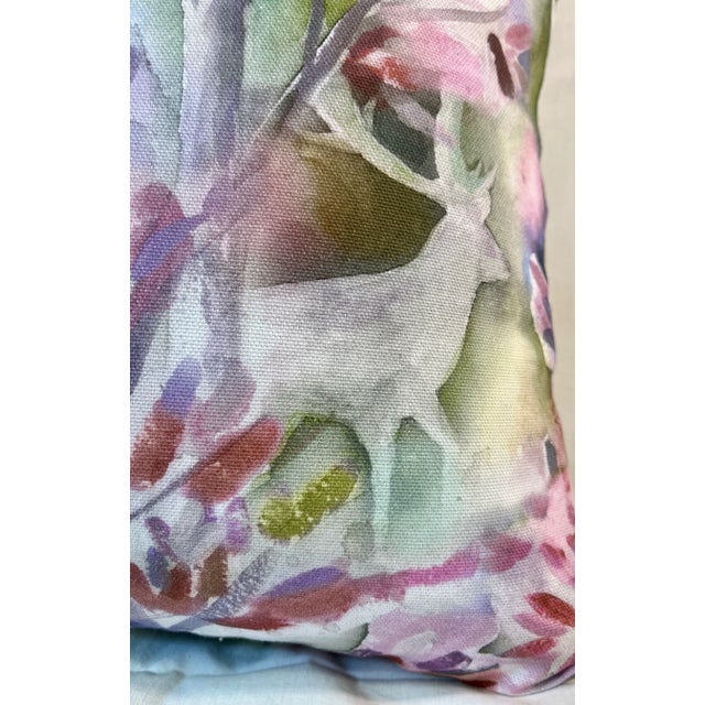 Textile Large Bolster Pillow Adorned With a Muted Water Color Like Forest Scene With Flowering Trees and Deer - Made in the U K For Sale - Image 7 of 12