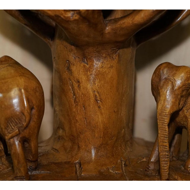 Wood Vintage Hand Carved Elephant Stool with Ornate Decoration For Sale - Image 7 of 18