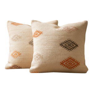 Pair of Vintage Handwoven Anatolian Pillow Covers – 40x40 Cm (16x16 In) – Wool & Hemp Blend – Natural Beige With Geometric Accents