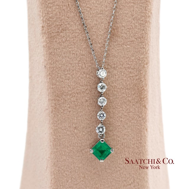 Green Gia Certified Platinum 900 Natural Diamond and Colombian Emerald Pendant For Sale - Image 8 of 13