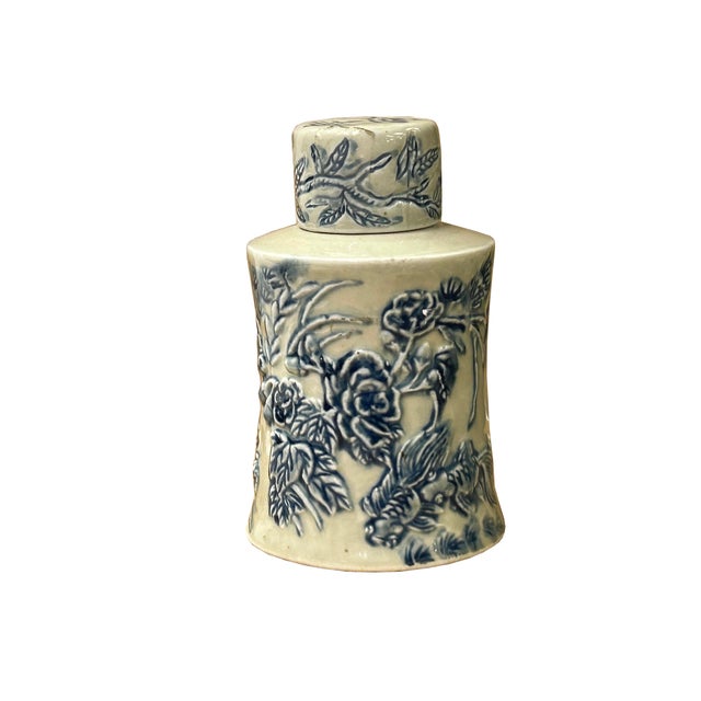 Cream Celadon Porcelain Blue Flower Gold Fishes Cylindrical Container For Sale - Image 4 of 10
