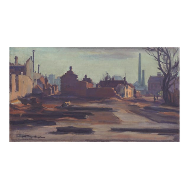 Mid Century Industrial Scene and Church Ruins Russian Cityscape by A. Verbitski For Sale
