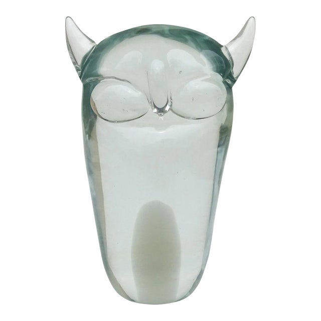 Murano Vintage Sommerso Gray Core and Clear Italian Art Glass Owl Bird Sculpture Figure For Sale