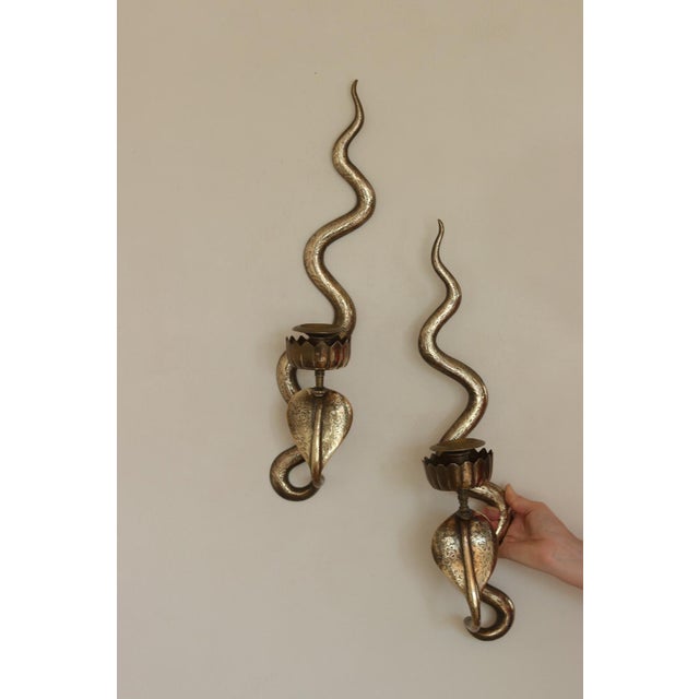 Gold Egyptian Revival Style Engraved Brass Cobra Sconces, Set of 2 For Sale - Image 8 of 18