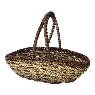 Vintage French Gathering Basket in Tri-Tone Wicker and Rattan Weave For Sale