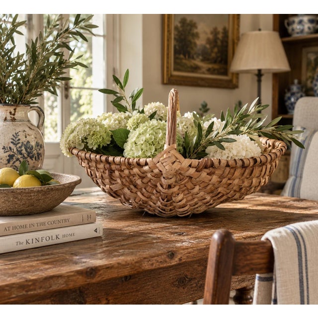 A beautifully woven early 20th century American splint oak basket with a tightly constructed handwoven form. Its...