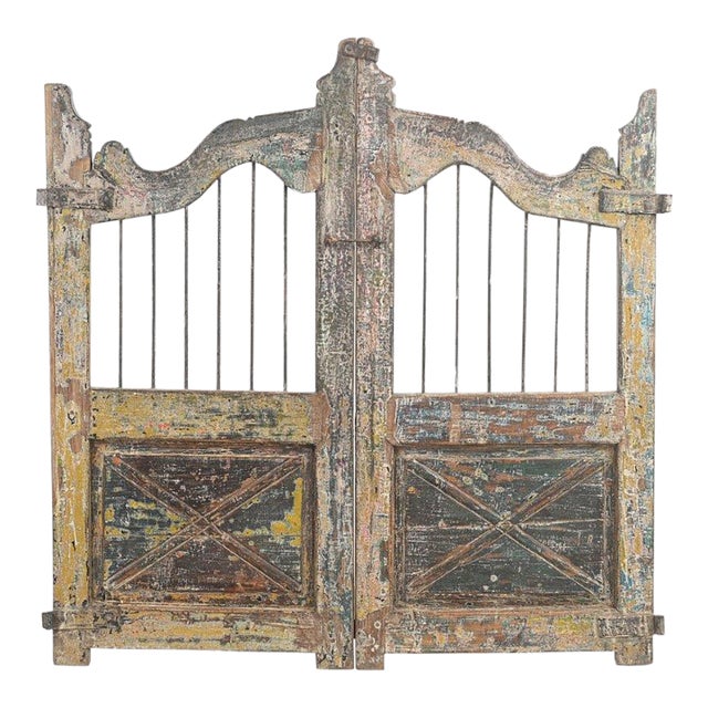 Vintage Indian Painted Teakwood Garden Gate or “Dog Door” For Sale