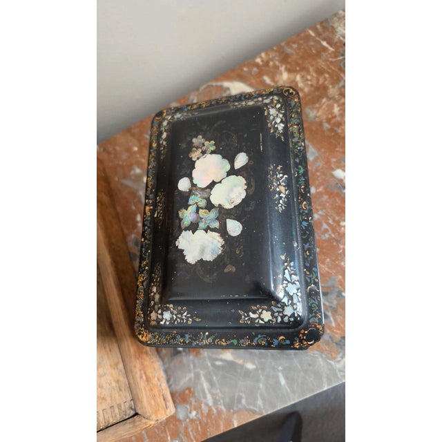 Antique Victorian Papier Mache Tea Caddy Mother of Pearl Inlay Black Lacquer Box Cut Crystal Mixing Bowl 19th Century For Sale - Image 10 of 17