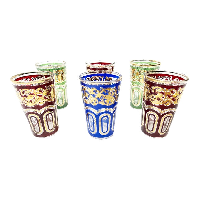 Vintage Fath Colorful & Gold Gilt Moroccan Glassware Set - 6 Pieces For Sale