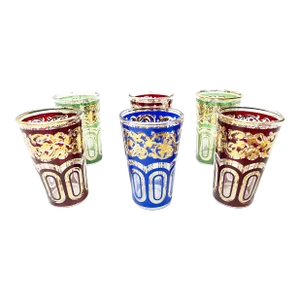 Vintage Fath Colorful & Gold Gilt Moroccan Glassware Set - 6 Pieces