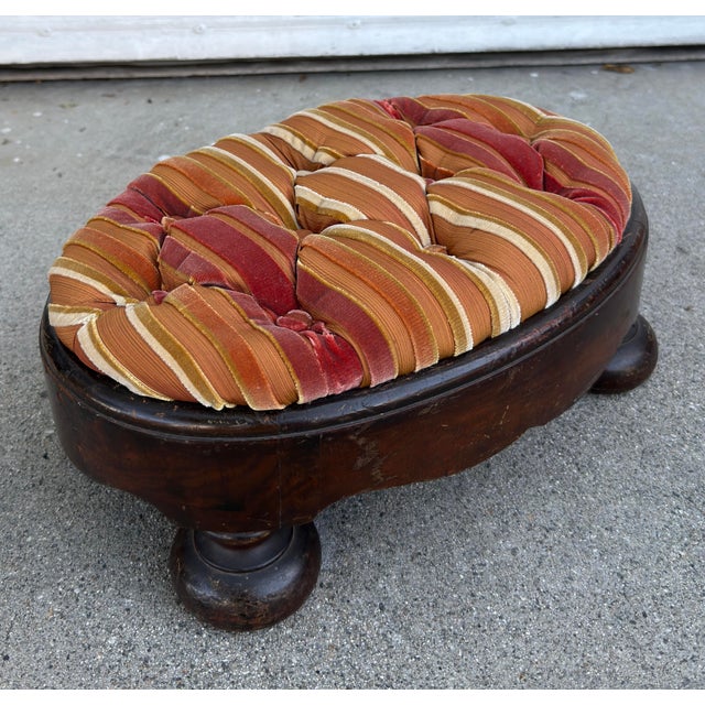 19th Century Antique French Empire Mahogany Oval Footstool W Corzine Silk Velvet Stripe For Sale - Image 5 of 6