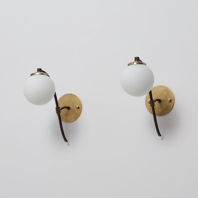 Vintage Italian Brass and Opaline Globe Sconces, 1950s, Set of 2 For Sale - Image 12 of 12