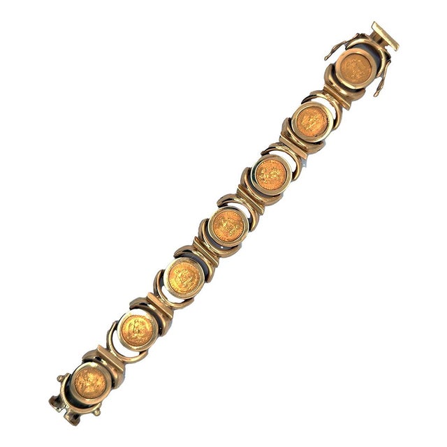 Modern Late 20th Century 18k Bracelet With Mexican 24k Dos Peso Coins For Sale - Image 3 of 3