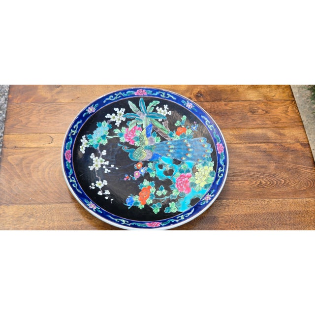 Japanese Vintage Japanese-Style Porcelain Peacock Charger Plate With Floral Motif For Sale - Image 3 of 12