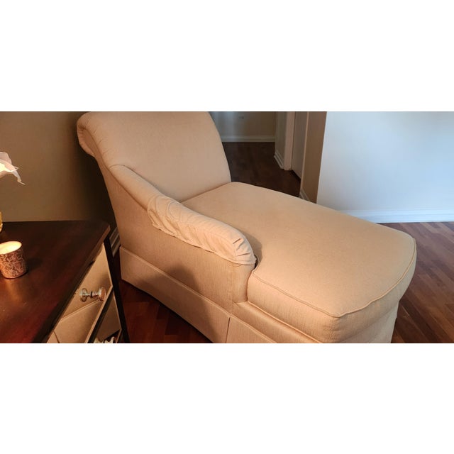 Elegant custom‑upholstered Ethan Allen chaise lounge with upgraded Jaquar‑line premium fabric (a rich, designer‑grade...