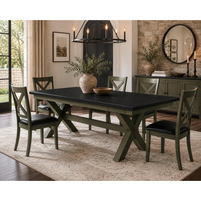 Architectural Transitional Extension Dining Set in Old Chapel Sagewood Green™ & Onyx Black™ For Sale - Image 4 of 6