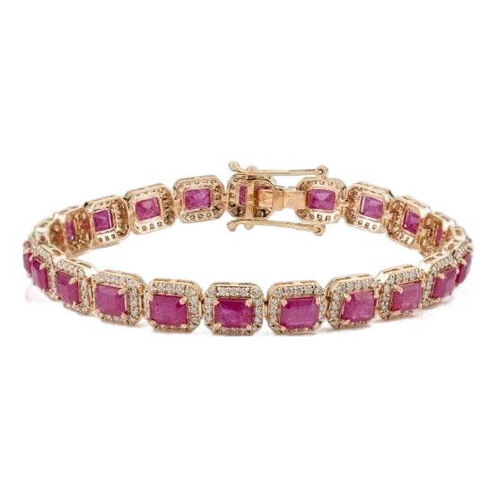Luxury 10.41ct Ruby & 2.11ct Diamond Geometric Link Tennis Bracelet in 14k Gold For Sale