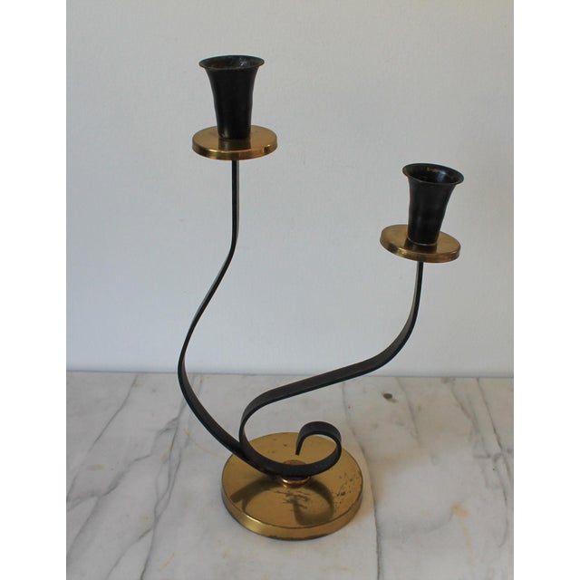 Mid-Century Black Metal and Brass Scrolled Double-Candle Holder For Sale In Milwaukee - Image 6 of 11
