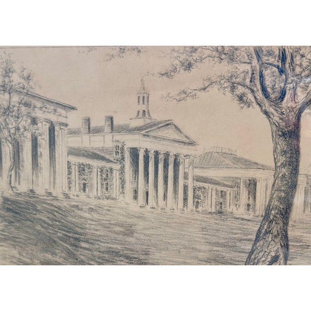 Mid 20th Century Vintage Charcoal Sketch of Washington and Lee University’s Main Building and Colonnade in Lexington, Virginia, Artist Signed For Sale - Image 5 of 12