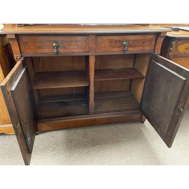 100+ Year Old Hutch Cabinet, Burl Wood Inlay, Hand Carved, Beautiful Antique For Sale - Image 9 of 12