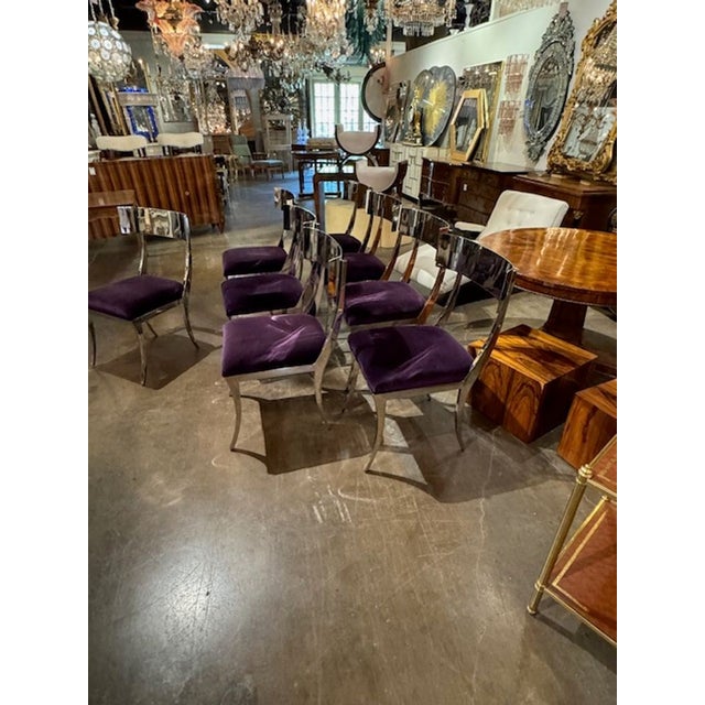 Metal Set of MCM Chrome Klismos Chairs With Purple Velvet For Sale - Image 7 of 8
