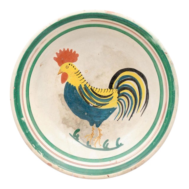 Italian Early 20th Century Pottery Bowl with Rooster Motif & Green Border For Sale