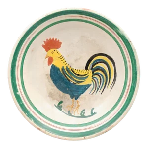 Italian Early 20th Century Pottery Bowl with Rooster Motif & Green Border