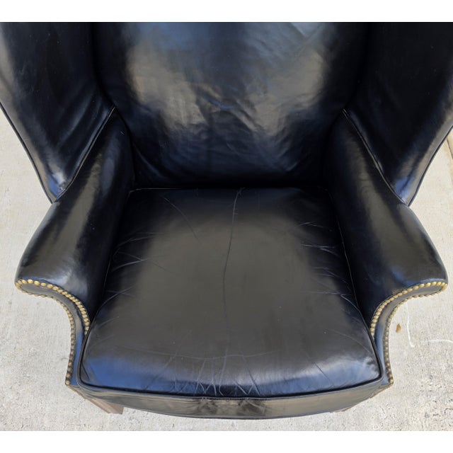 Animal Skin Classic Georgian Chippendale Black Leather Wingback Library Gentlemans Armchair For Sale - Image 7 of 16