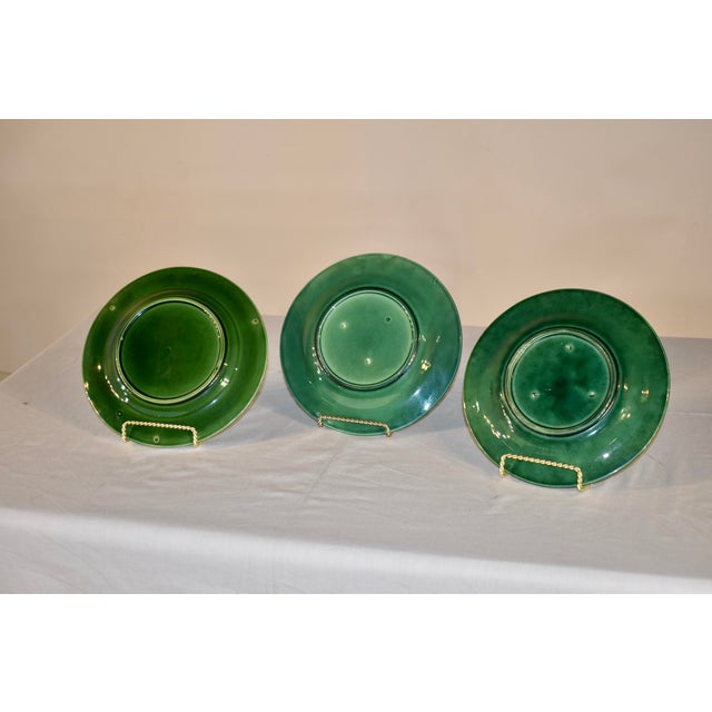 Set of 3 green Majolica leaf plates from England. This is a lovely set of three majolica leaf plates in varying shades of...