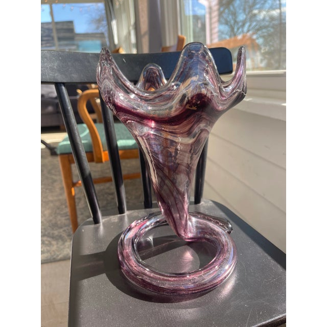 Mid-Century Modern Mid 20th Century Modern Sooner Glass Vase Purple Swirl Pulled Glass For Sale - Image 3 of 8