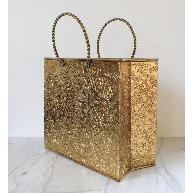 Vintage 1970s Sarreid Ltd style embossed brass shopping tote bag magazine holder. Could also serve as a waste basket....