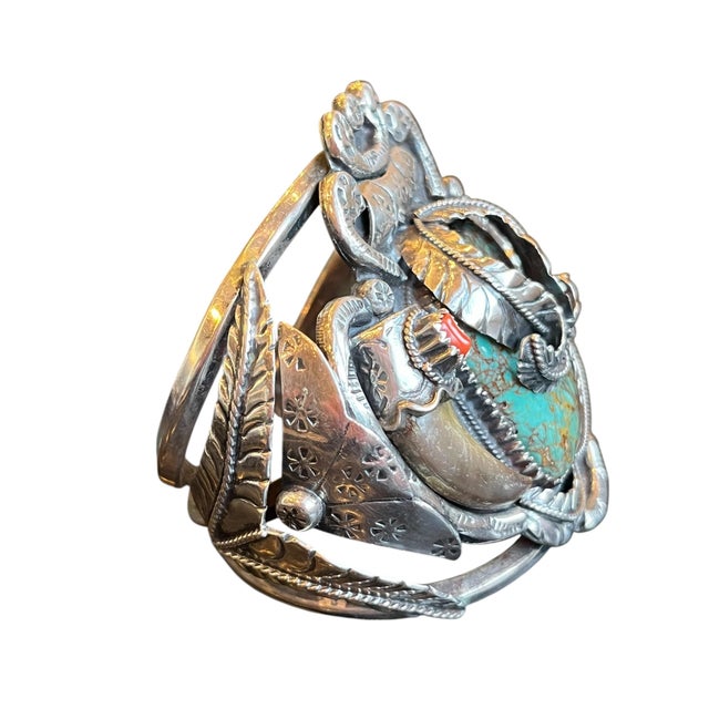 Native American 1940s Royston Turquoise, Coral and Bear Claw Sterling Silver Bracelet, Signed For Sale - Image 3 of 9
