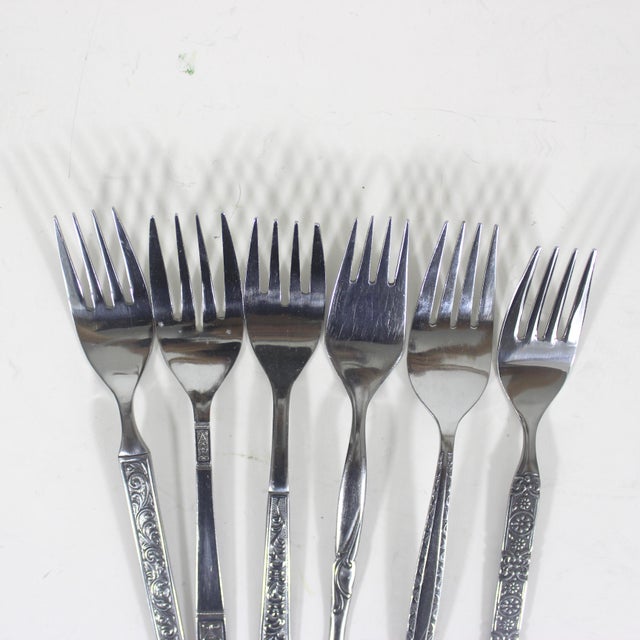 1960s Curated Set of 6 Mid Century Modern Stainless Steel Salad or Dessert Forks For Sale - Image 5 of 8