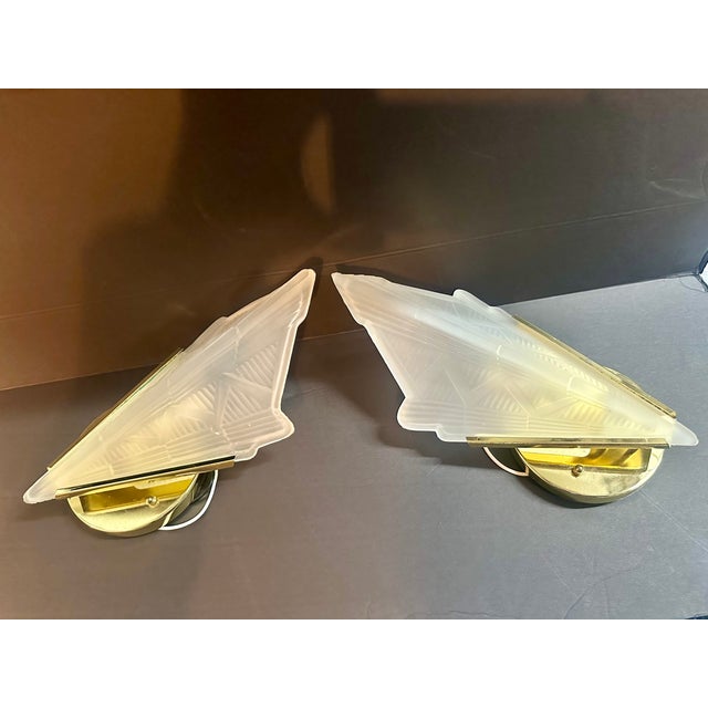 Brass 1970s Pair Vintage Art Deco Triangle Glass Brass Wall Light Sconces For Sale - Image 8 of 10