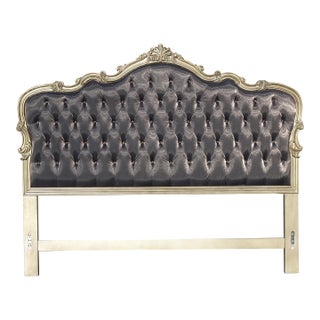 French Provincial Louis XVI Style Metallic Dark Gray Tufted Cal King Headboard For Sale