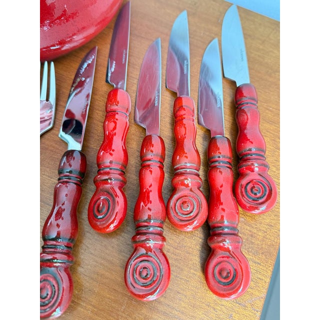 1970s Vintage Tirol Cutlery Set and Fondue Pot in Red Ceramic and Stainless Steel, 1970s, Set of 24 For Sale - Image 5 of 13