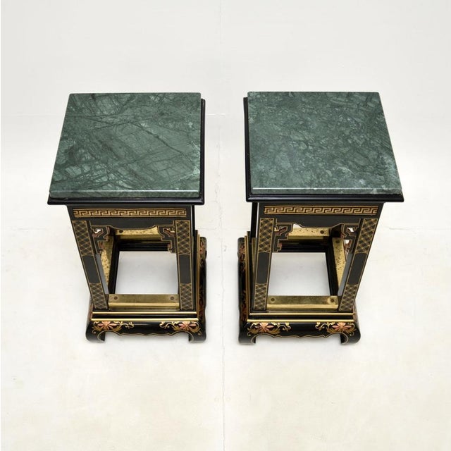Antique Lacquered Chinoiserie Side Tables with Marble Top, 1950, Set of 2 For Sale - Image 4 of 10