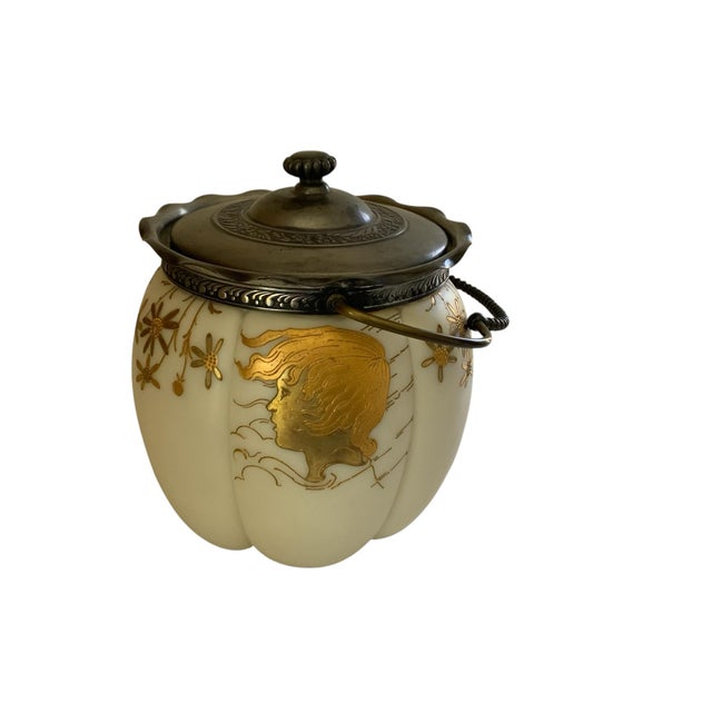 Antique Mt Washington Smith Brothers Crown Milano Glass Biscuit Jar Handle 4402 Maiden Gold Made in New Bedford,...