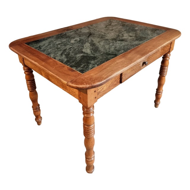 French Oak and Walnut Dining Table with Marble Top For Sale