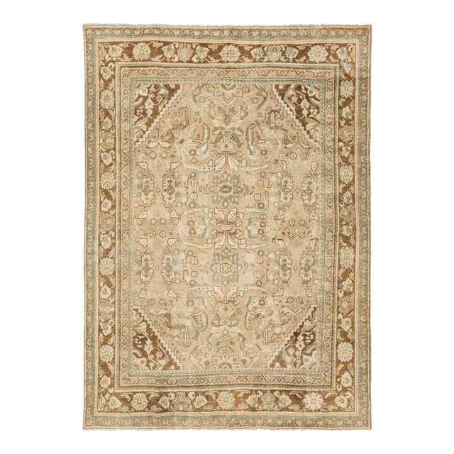 1930s Beige Mahal Persian Wool Rug Handmade With Floral Pattern For Sale