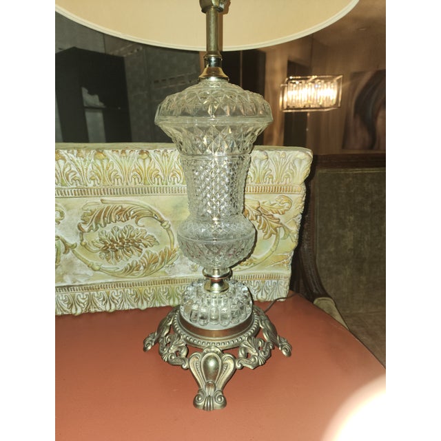 Baroque ​Pair of Vintage 1967 Hollywood Regency Pressed Glass & Ornate Brass Table Lamps For Sale - Image 3 of 9