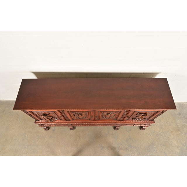 Antique Spanish Renaissance Revival Monumental Ornate Carved Walnut Sideboard or Bar Cabinet For Sale - Image 12 of 15