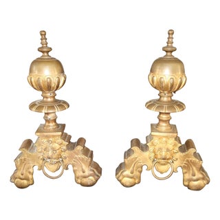 Continental Antique Doré Bronze Andirons with Lion Motifs - A Pair For Sale